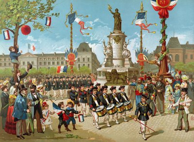 レピュブリック広場での1883年7月14日の学校のバタリオンの行進 作： French School