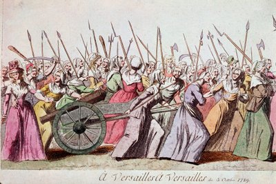 1789年10月5日、パリ、ヴェルサイユ宮殿での女性たちの行進(エングレーヴィング) 作： French School