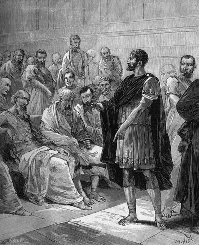 ローマ元老院でのMarcus Atilius Regulus - ローマ元老院でのローマ人領事Marcus Atilius Regulus（紀元前256年頃） - Bitard Adolphe 1880による "Popular history of science, inventions and discoveries from the first centuries to present day "に掲載されています。 作： French School