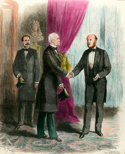 1879年の大統領選挙の後、新大統領ジュール・グレヴィ（1807-1891）を訪ねるマレシャル・マック・マホン（1808-1898）。個人蔵。 作： French School
