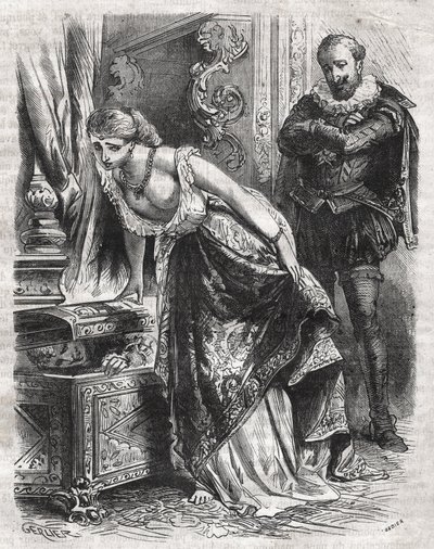 マルゴット王妃ことマルグリット・ド・ヴァロワ（1553-1615）は、恋人のジュリアン・ド・レリスを金庫の中に隠している。その様子を夫であるフランス王アンリ4世（1553-1610）が楽しそうに観察している。16世紀。Heによる「Histoire Des Cocuses Celebres」に掲載された1871年のエングレーヴィング。 作： French School