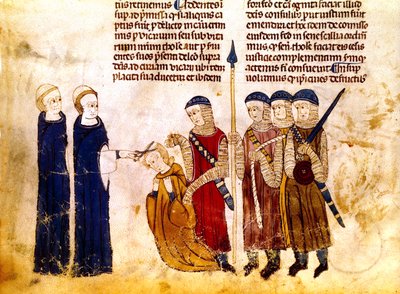 ブルゴーニュのマルグリット（1290-1315）フランス王ルイ10世の妻、不倫のため髪を切られる（ベラム紙） 作： French School