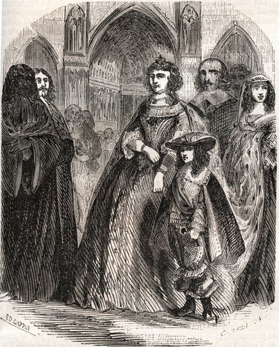 パリのノートルダム寺院に向かうフランス王妃マリー・ド・メディシス（1573-1642）と息子ルイ13世の摂政 - L.-P.の「Histoire de France」よりアンケティル 作： French School
