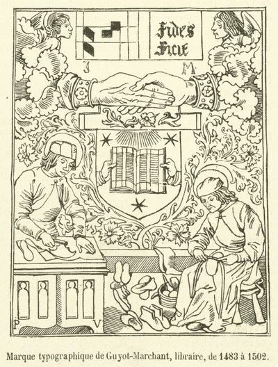 1483年から1502年までの書店員Guyot-Marchantのタイポグラフィ・マーク（エングレーヴィング 作： French School