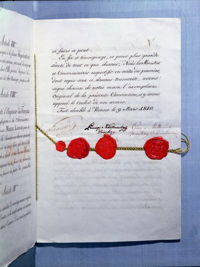皇帝ナポレオンボナパルト（1769-1821）とマリールイーズ（1791-1847）ウィーンの結婚契約（1810年3月9日） 作： French School