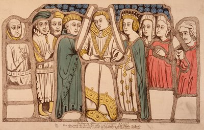1445年、イングランドのヘンリー6世（1421年～1471年）とアンジュー家のマルガリータ（1429年～1482年）の結婚。1793年に描かれたもの。パリのアール・デコ美術館の所蔵品。 作： French School