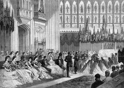 プリンス・オブ・ウェールズ（1841-1910）（後のイギリス国王エドワード7世）とデンマーク王女アレクサンドラ（1844-1925）の結婚は、1863年3月10日にイギリスのウィンザーで行われました。1863年3月21日付「Le Monde Illustré」310号に掲載されたエングレーヴィング。 作： French School