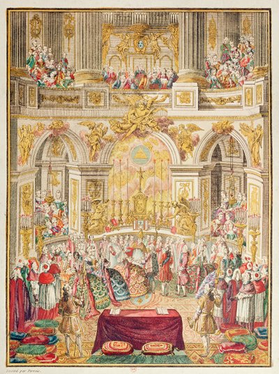 1770年5月16日、ベルサイユの礼拝堂にいる大公マリーアントワネットとフランスのドーフィン（将来のルイ16世）の結婚 作： French School