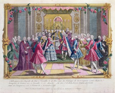1770年5月16日、ベルサイユの礼拝堂にいる大公マリーアントワネットとフランスのドーフィン（将来のルイ16世）の結婚 作： French School