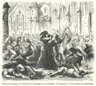 ブルゴーニュ人によるアルマニャック人の大虐殺、パリ 作： French School