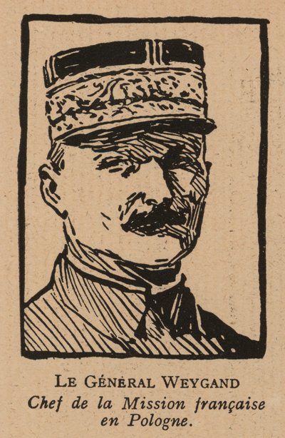 1920年のポーランド・ソビエト戦争中、第二次ポーランド共和国を支援するために派遣されたインターアライド・ミッションのメンバーであったフランスの将軍、マキシム・ヴァイガン（リトグラフ）。 作： French School