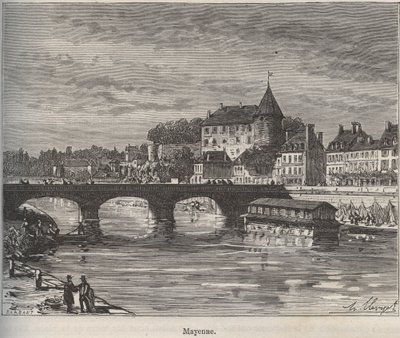 マイエンヌはフランス西部のペイ・ド・ラ・ロワール地方にあるコミューンで、V.-A.による「La France illustree: Geography, history, administration statistique」に掲載されている彫刻です。Malt-Brown著「La France illustree: geography, history, administration statistique」の版画。1884 作： French School