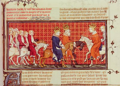 フランスのシャルル5世（1338〜80年）と神聖ローマ皇帝カール4世（1316〜78年）の出会い 作： French School