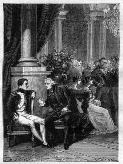 ナポレオン1世とジャン・シフリン・モーリー枢機卿（1746-1817）とのイタリアのジェネス（ジェノバ）での会談 1805年 - アドルフ・ティエールの「領事の歴史に続く帝国の歴史」に掲載 - 1879年 - 個人蔵 作： French School