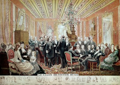 1875年頃、パリのユゴー・メゾンのリテレール・サロンでの会合（エングレーヴィング）。 作： French School