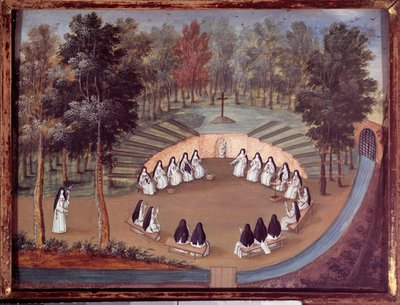 ポルト・ロワイヤル・デ・シャン（Port Royal des Champs）での修道女たちの孤独な会議の様子。18世紀の匿名の絵画。Port royal, musee des Granges - "Port Royal des Champs "での修道女の集会。P修道院のノンズの集会 作： French School