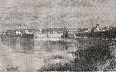 V.A.マルト・ブラウン著「La France illustree: geographie, histoire, administration statistique」（1884年）に掲載されたメラン（イル・ド・フランス）の彫刻。 作： French School