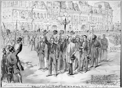 1870年10月31日、1870年頃、パリのホテルドゥヴィルの外にいる国家警備隊を審査する暫定政府のメンバー 作： French School