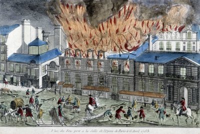 1763年、パリのオペラの火を消そうとする男たち。 作： French School