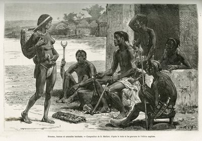 男と女と食器（ルワンダ、ビエ地方）。1877年から1878年にかけて、セルパ・ピント少佐が『Tour du monde』誌に発表した、大西洋からインド洋に至るアフリカ横断の物語を説明するためのD.Maillartによるエングレーヴィング。 作： French School