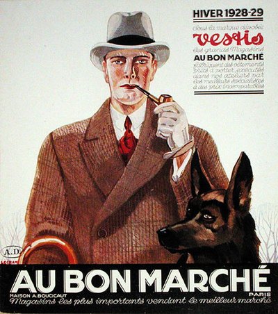 1928-29年冬、「オー・ボン・マルシェ」より、男性ファッション（カラーリトグラフ） 作： French School