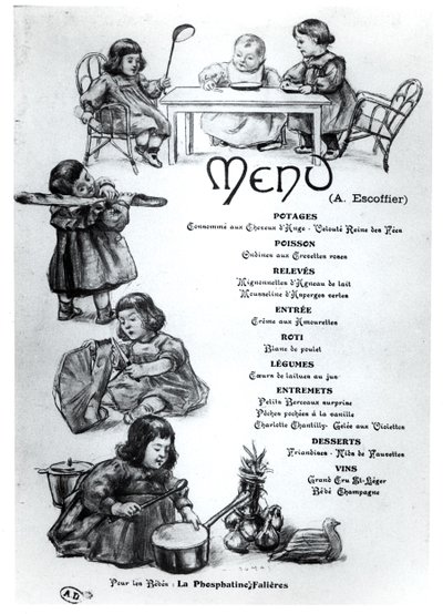 オーギュスト・エスコフィエ（1846-1935）が子供と赤ちゃんのために作成したメニューc。 1900 作： French School