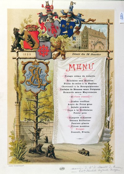 1888年1月14日、ルベルノワからのメニュー 作： French School