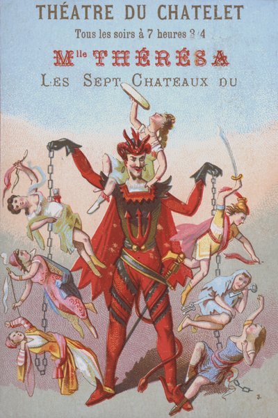 鎖につながれた男女をぶら下げるメフィストフェレス（カラーリトグラフ 作： French School