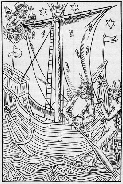海の危険にさらされた中世の商船。Engraving In "La Marine et les colonies: commerce" 作： French School