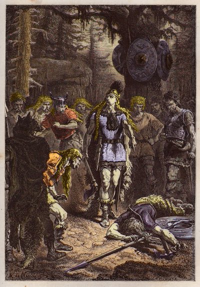 Merovingiens: Clovis 1er shooting down the soldier who was broken the vase of Soissons, en 486 - Clovis (465-511) and the frankish warrior who broke the vase of Soissons in 486 - engraving from "L
