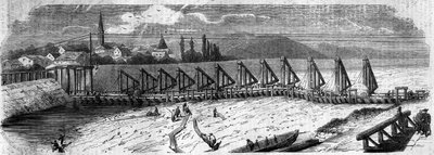 気象現象：1858年のライン川の乾燥。ケール橋（ドイツ）からフランス沿岸の下流を撮影したもの。1858年3月27日付「Le Monde Illustré」50号に掲載された版画。 作： French School