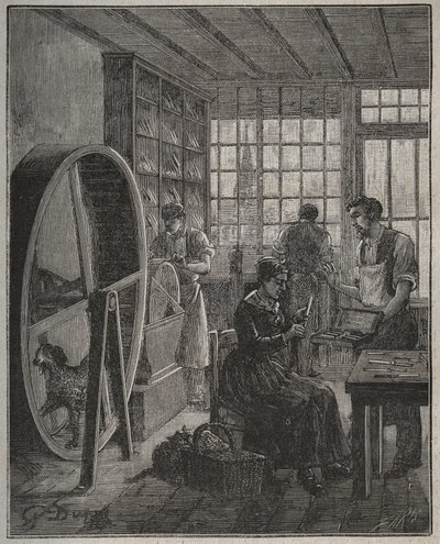 メティエと職人：19世紀の同州の刃物店の様子。Adolphe BITARDの "Les arts et metiers illustres "に掲載された1885年のエングレーヴィング。 作： French School