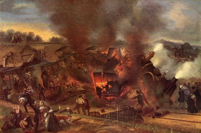 シャルル・ドルフス著『Histoire de la Locomotion Terrestre...』より、ヴェルサイユ鉄道のムドン線事故 作： French School