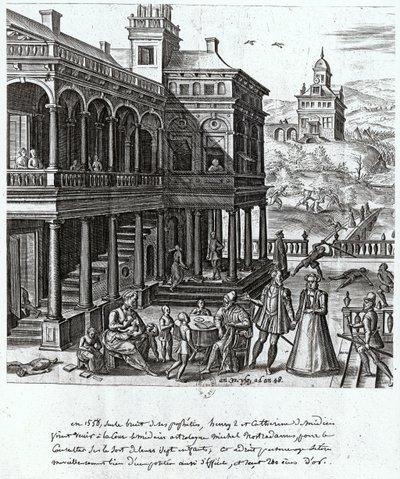 キャサリンデメディチ（1519-89）とアンリII（1519-59）1548の7人の子供の運命について相談を受けているミシェルデノストラダム（1503-66） 作： French School