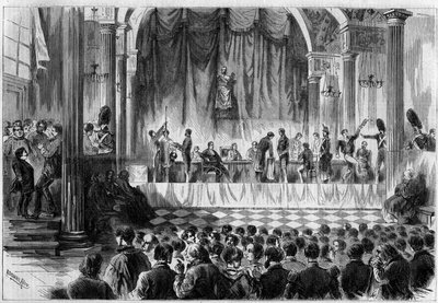 1858年の徴兵：パリのホテル・ド・ヴィレのサン・ジャンの部屋で行われた徴兵の抽選会。1858年2月13日付「Le Monde Illustré」44号に掲載された図版。 作： French School