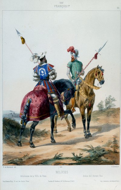 軍服：フランソワ1世時代の民兵、1547年のパリ市のクロスボウとリアバンのアーチャー。19世紀のリトグラフ。 作： French School