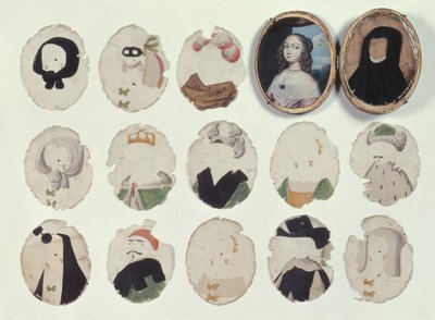 変身のためのミニチュア。少女の肖像画を描いたケースと、肖像画を変えるために合わさったマイカストリップを描いたケース（アイボリー、マイカ、ペイント）。 作： French School