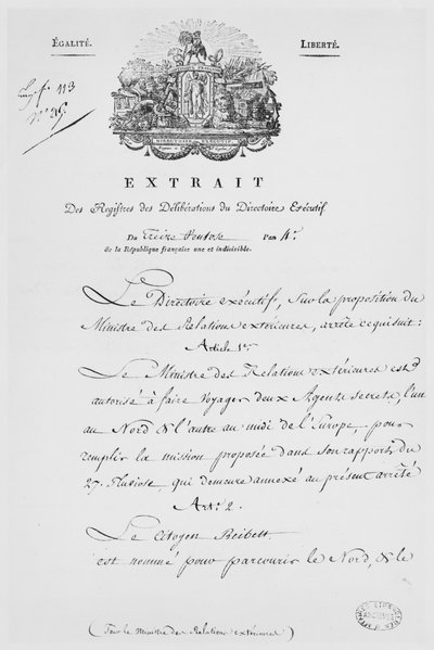 外務省、2つの秘密工作員の指名、1796年（紙にインク） 作： French School