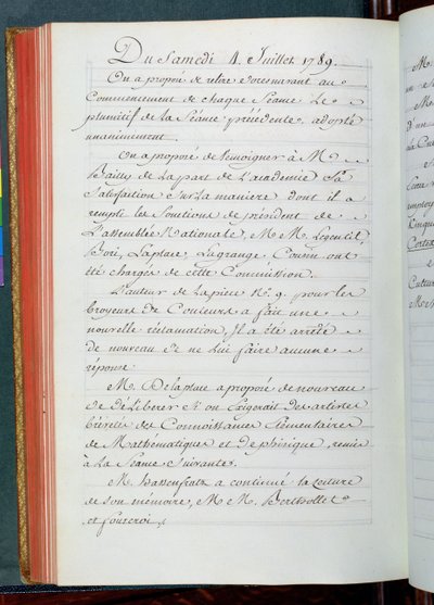 科学アカデミーの会議からの議事録、1789年7月4日（紙にインク） 作： French School