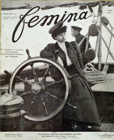 キールレガッタでヨット "Lice-Alice "のブリッジに立つMiss Mabilleau - 1907年08月01日付 "Femina "にて 作： French School