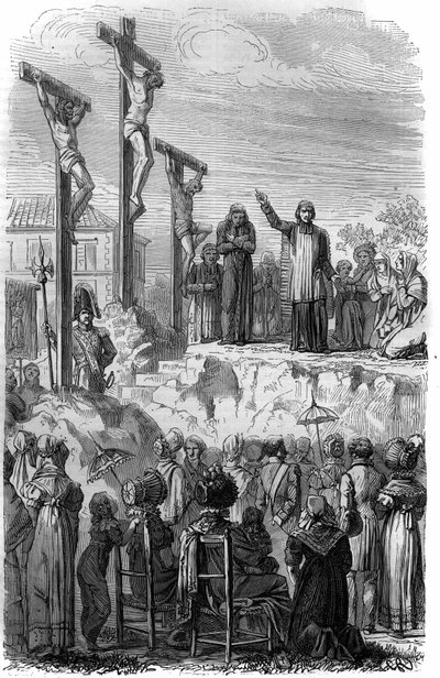 19世紀のフランスでイエズス会が組織した宣教活動。モーリス・ラシャトレ著『Histoire des Papes-Rois-Queen and Empereurs a travers les centuries』に掲載されている図版。 作： French School
