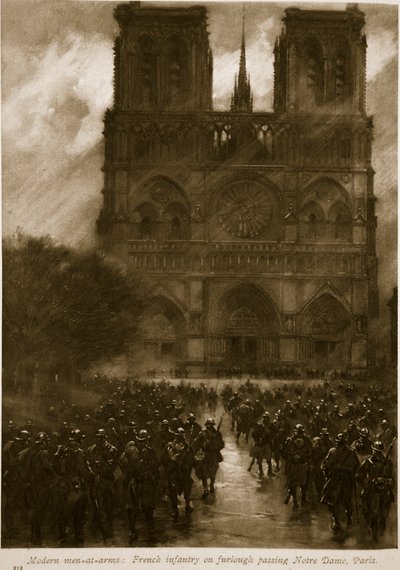 現代の武装勢力：1914〜19年、パリのノートルダムを通過するフランスの歩兵 作： French School