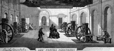 お金を稼ぐ：マネープレスのお店。1860年1月21日付「Le Monde Illustré」145号に掲載された版画。 作： French School