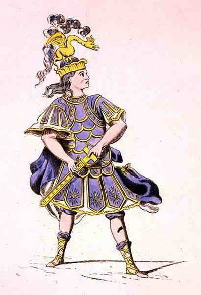ジャン・ラシーヌ（1639-99）作『オウリスのイフィゲニア』のアキレス役のムッシュ・ル・カイン 1679年（カラーエングレーヴィング 作： French School