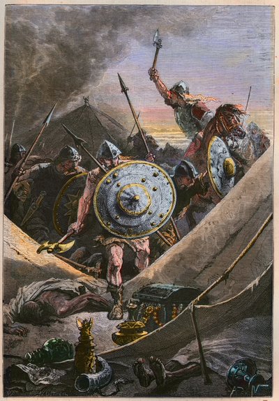 中世におけるムーア人の侵攻。シャルル・マルテル率いるフランクは、トゥールの戦い（ポワティエの戦い）でサラセン人の軍営を攻撃し、732年にイスラム教徒の侵攻を阻止する - シャルル・マルテル率いるフランクがサラセン人の軍営を攻撃する 作： French School