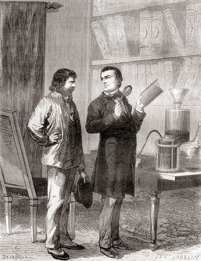 右は1838年にガルバノプラスティック（電気タイピング）を発見したモーリッツ・フォン・ヤコビ（1870年頃に出版された「Les Merveilles de la Science」より）。 作： French School