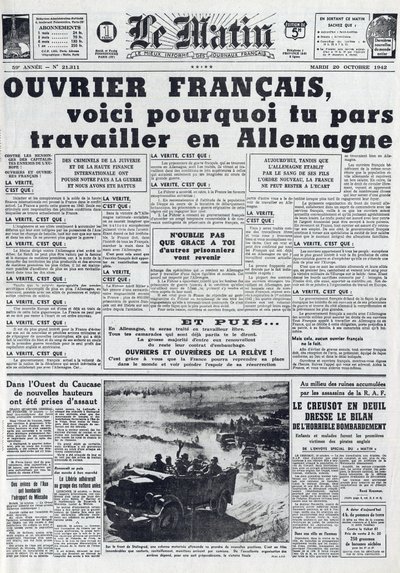 1942年10月20日のモーニングジャーナルNo.21311。The Sto - Compulsory Labour Service - Why go to work in Germany -。 作： French School