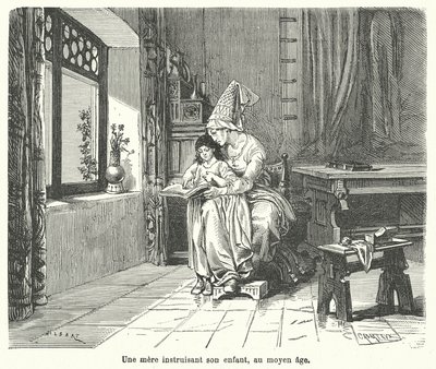 中世の母が子を教える様子（彫刻 作： French School