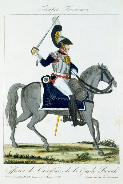パブTroupes Francaises出身のロイヤルガードのキュイラシェの騎馬将校。 chezバセット、パリ、c.1790 作： French School