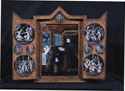 キリストの生涯のシーンとアンリ2世（1519〜59年）とキャサリンデメディチ（1519〜89年）（エナメルと木材）の特質を収めた追悼キャビネット 作： French School